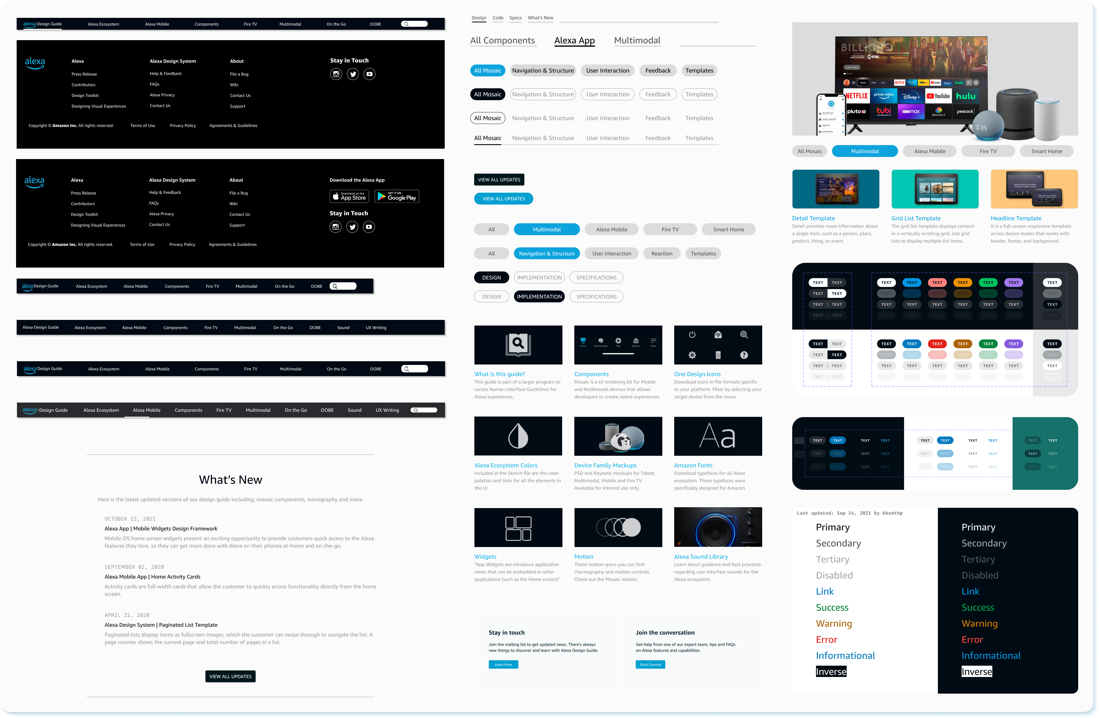 Information architecture and design evolution of the Alexa Design Guide: successive nav bar and footer iterations, a What's New changelog page listing dated updates, the Alexa App component grid split into topic tiles like What is this guide, Components, and One Design Icons, and a color-token reference panel listing Primary, Secondary, Tertiary, Disabled, Link, Success, Warning, Error, Informational, and Inverse tokens