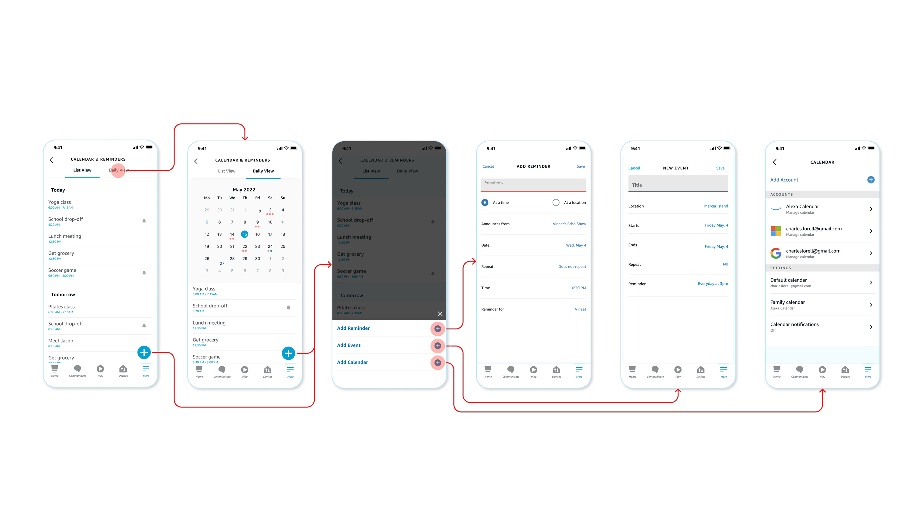 Alternative option A: an early add flow for Calendar & Reminders using inline Add Reminder and Add Event text links on the List View and Daily View screens, plus the resulting Add Reminder, New Event, and Calendar account-settings screens