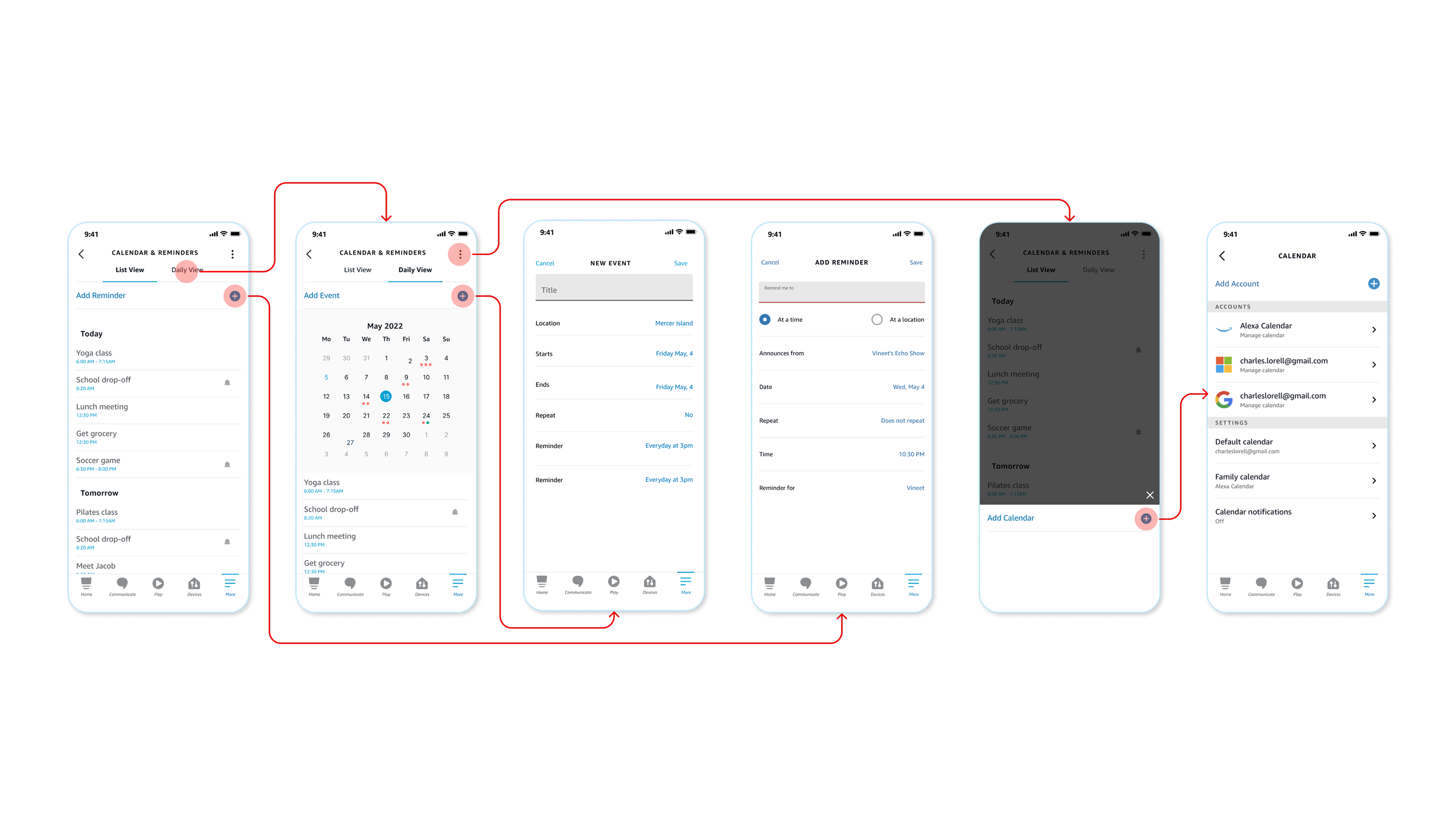 Alternative option B: a variant of the add flow using a kebab menu on Daily View that opens a bottom sheet with Add Reminder, Add Event, and Add Calendar, rather than a persistent plus button