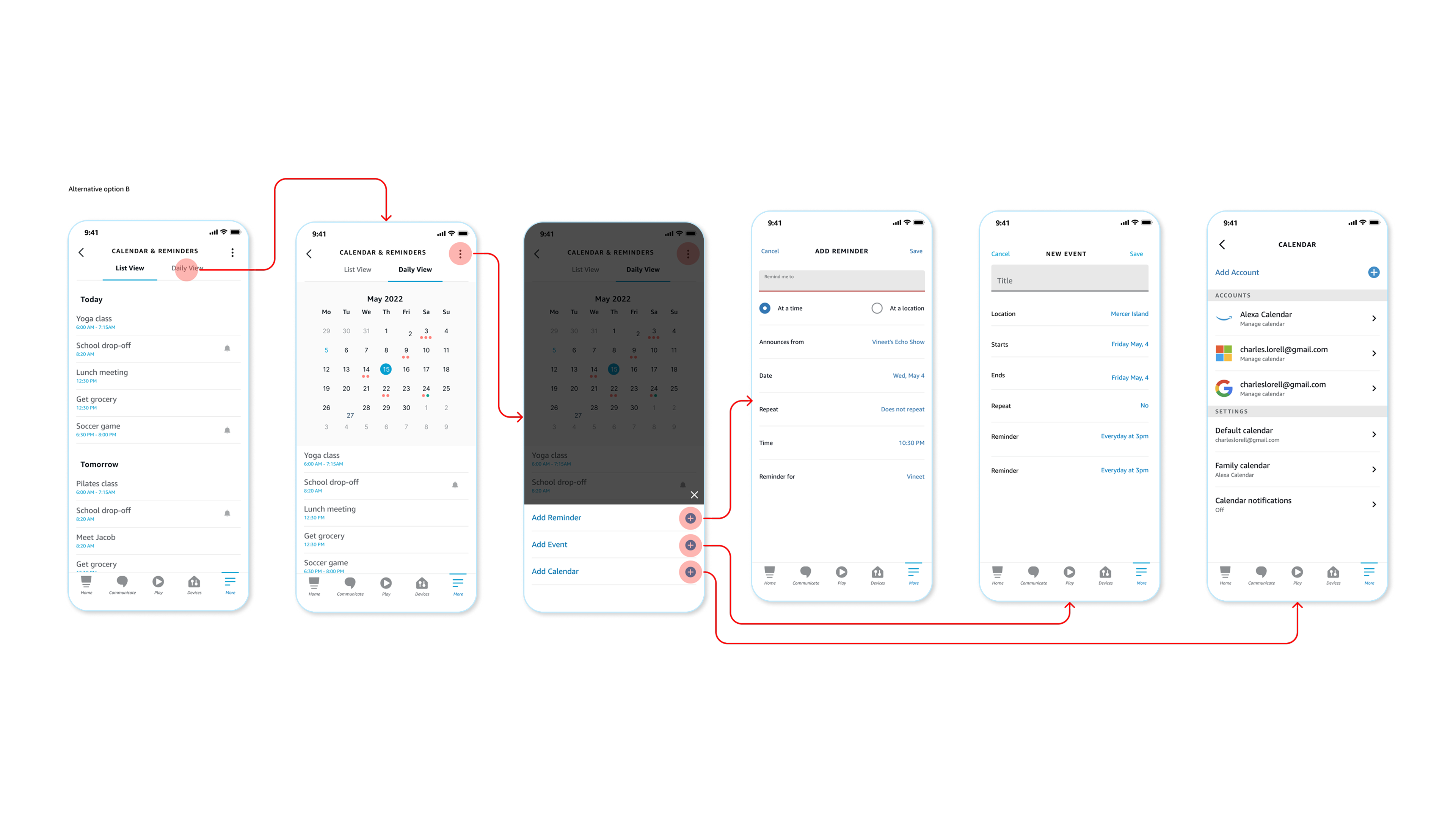 Alternative option C: another pass at the List View, Daily View, and add-flow screens, testing a different arrangement before the shipped design was chosen