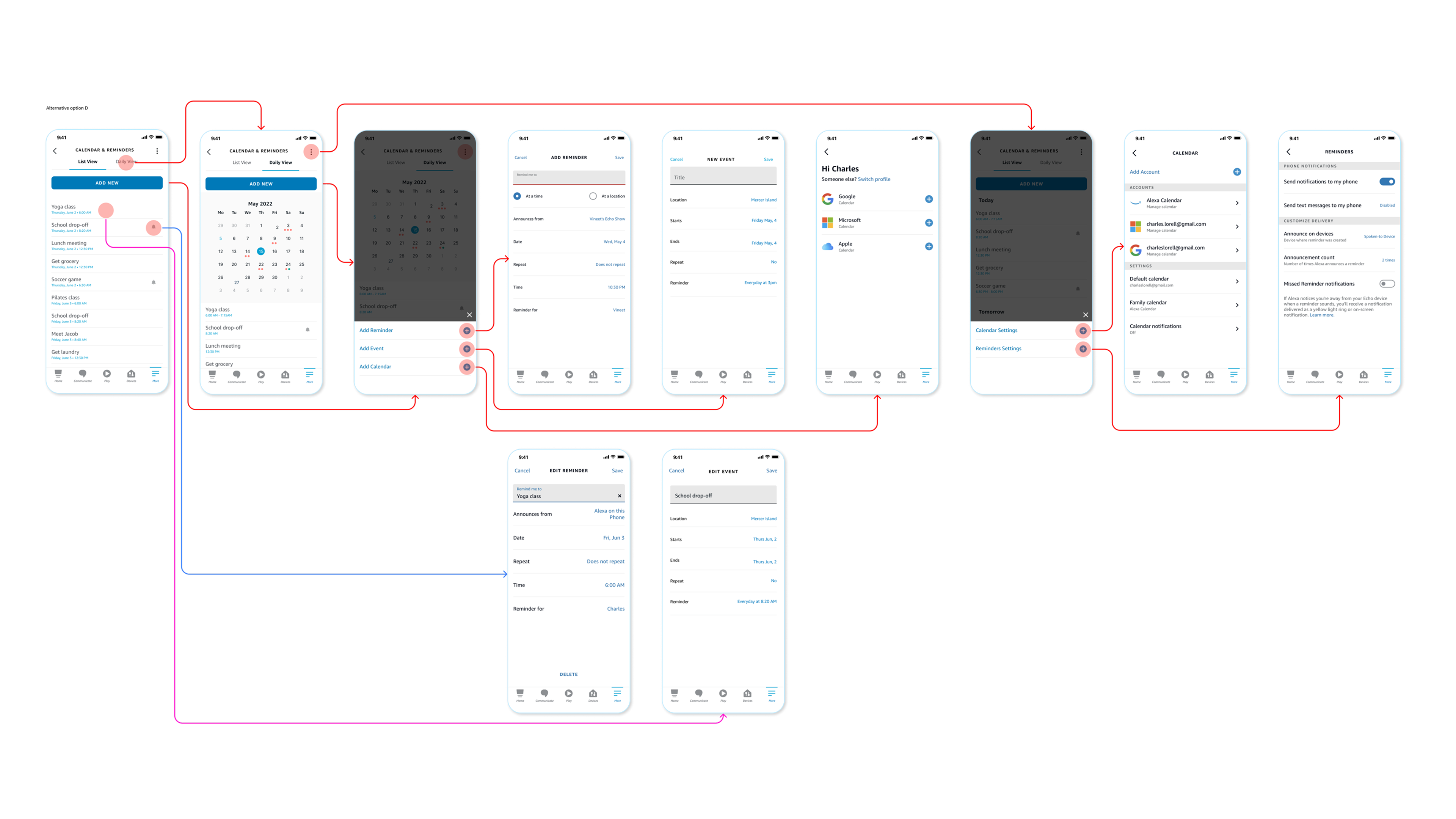 Alternative option D: a more built-out flow adding third-party account linking through a 'Hi Charles' switch-profile screen with Google, Microsoft, and Apple Calendar options, plus dedicated Edit Reminder and Edit Event screens with a delete action