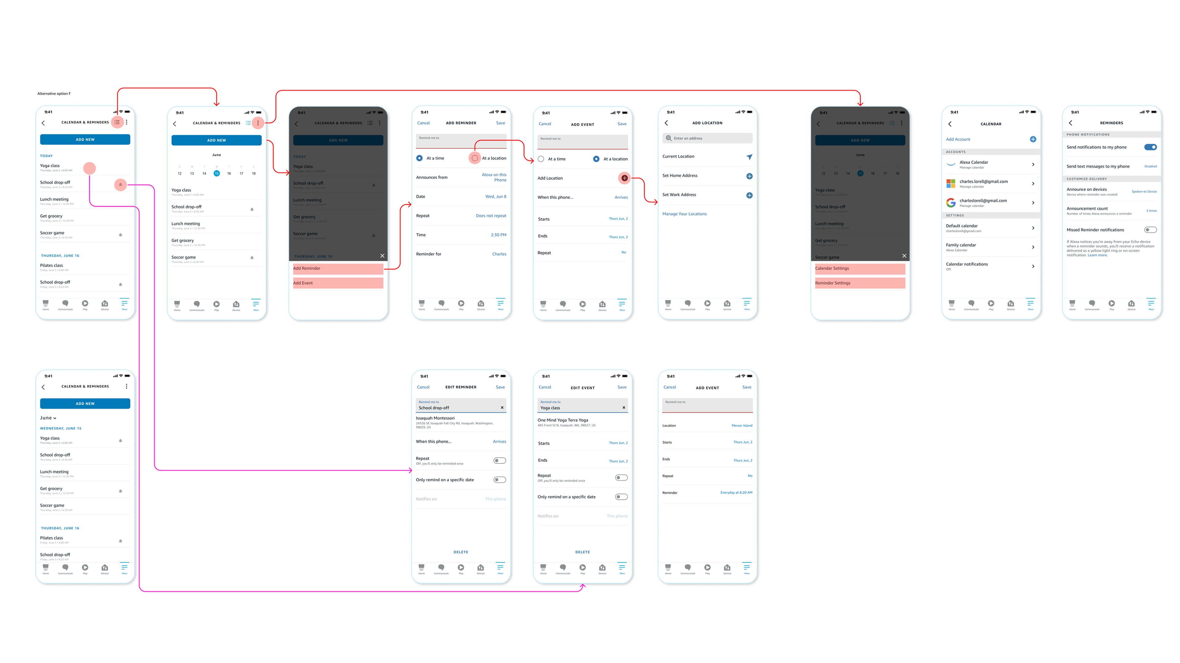 Alternative option E: the most built-out variant, adding location-based reminders ('At a location' alongside 'At a time') with its own Add Location screen for current location, home, and work address shortcuts