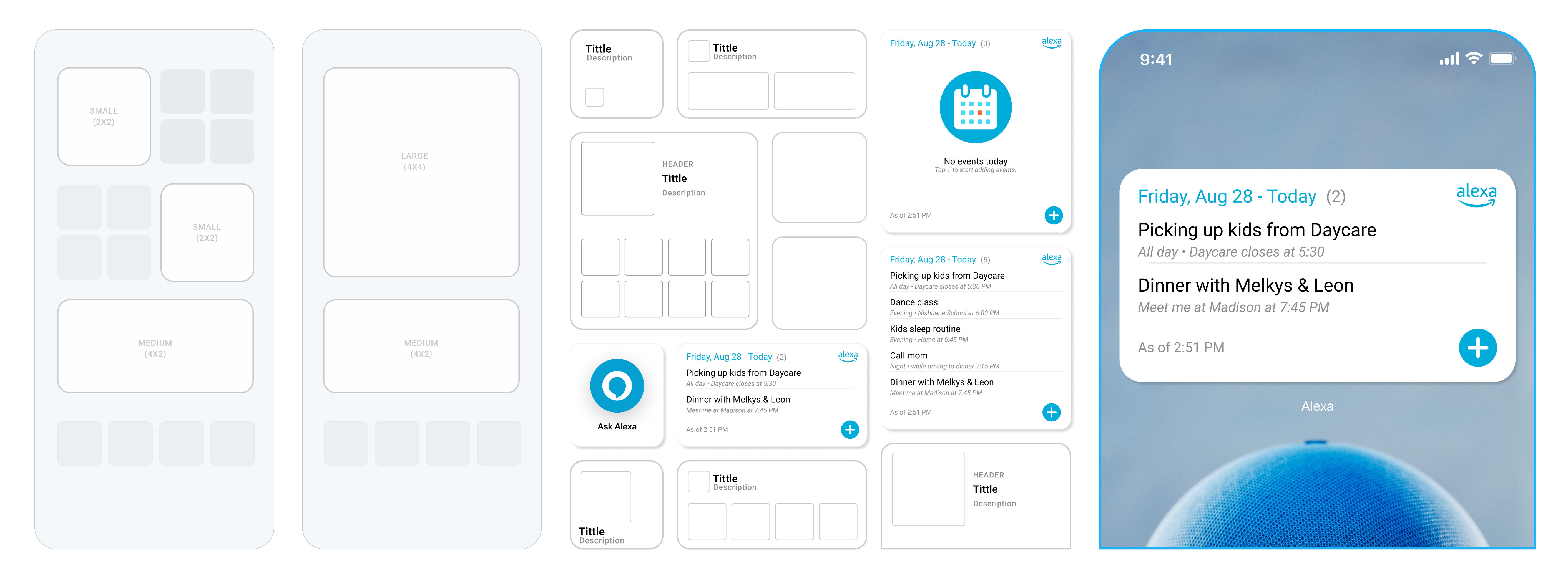 Widget building blocks: the Small (2x2), Large (4x4), and Medium (4x2) home-screen widget size templates, anatomy diagrams marking Title, Header, and Description slots, and the resulting Calendar widget states — empty 'No events today,' a two-event day, and a five-event day — culminating in the shipped Echo home-screen widget