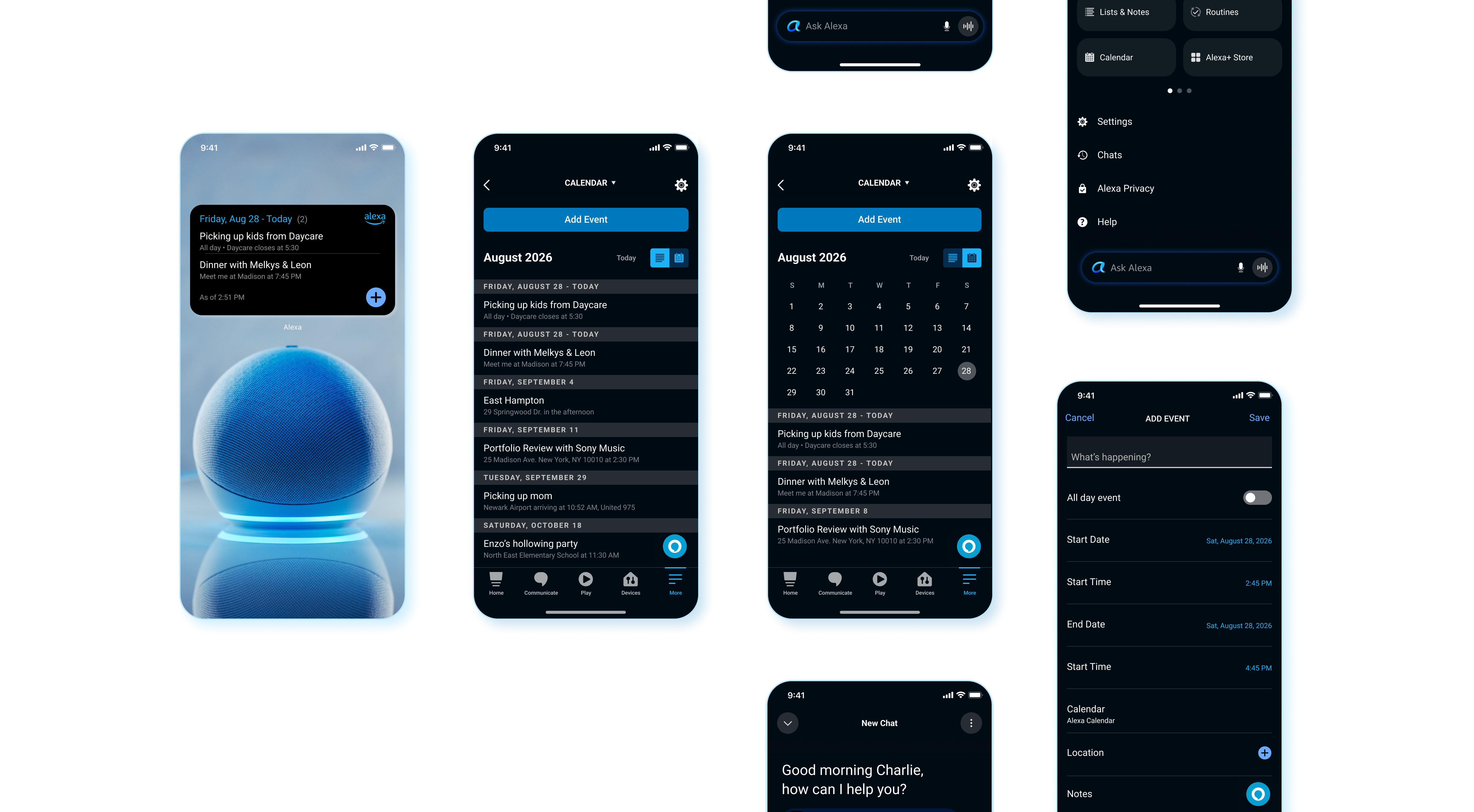 Alexa+ Calendar across five screens: an Echo device showing today's agenda widget, the in-app Calendar page in list and month view, a chat conversation, the app's More menu with Calendar highlighted, and the Add Event form