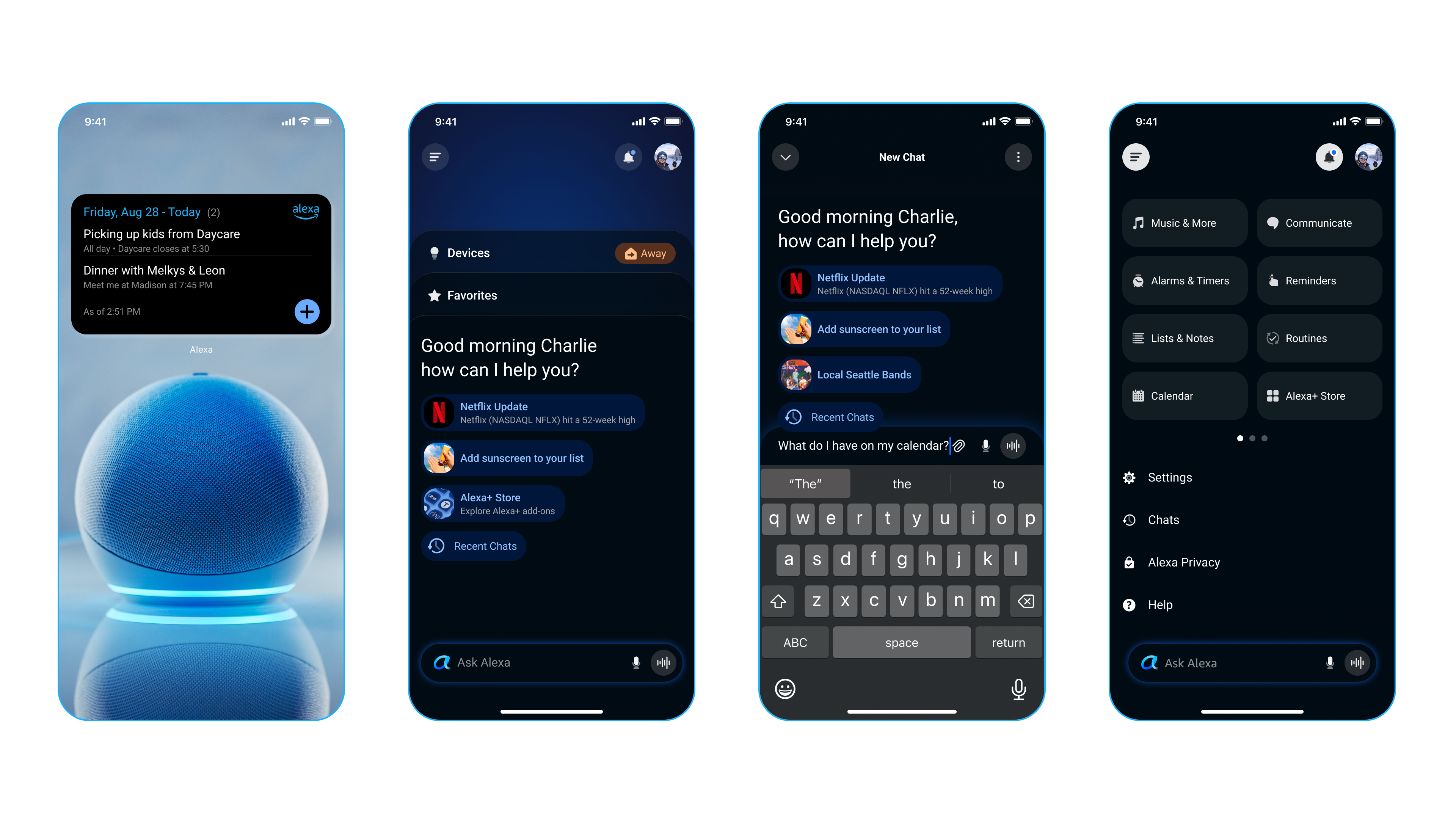 Four ingress points into Alexa Calendar highlighted across the app: the home-screen widget's quick-add button, the Devices tab's Calendar tile, the Ask Alexa chat asking what's on the calendar today, and the app's More menu with Calendar highlighted