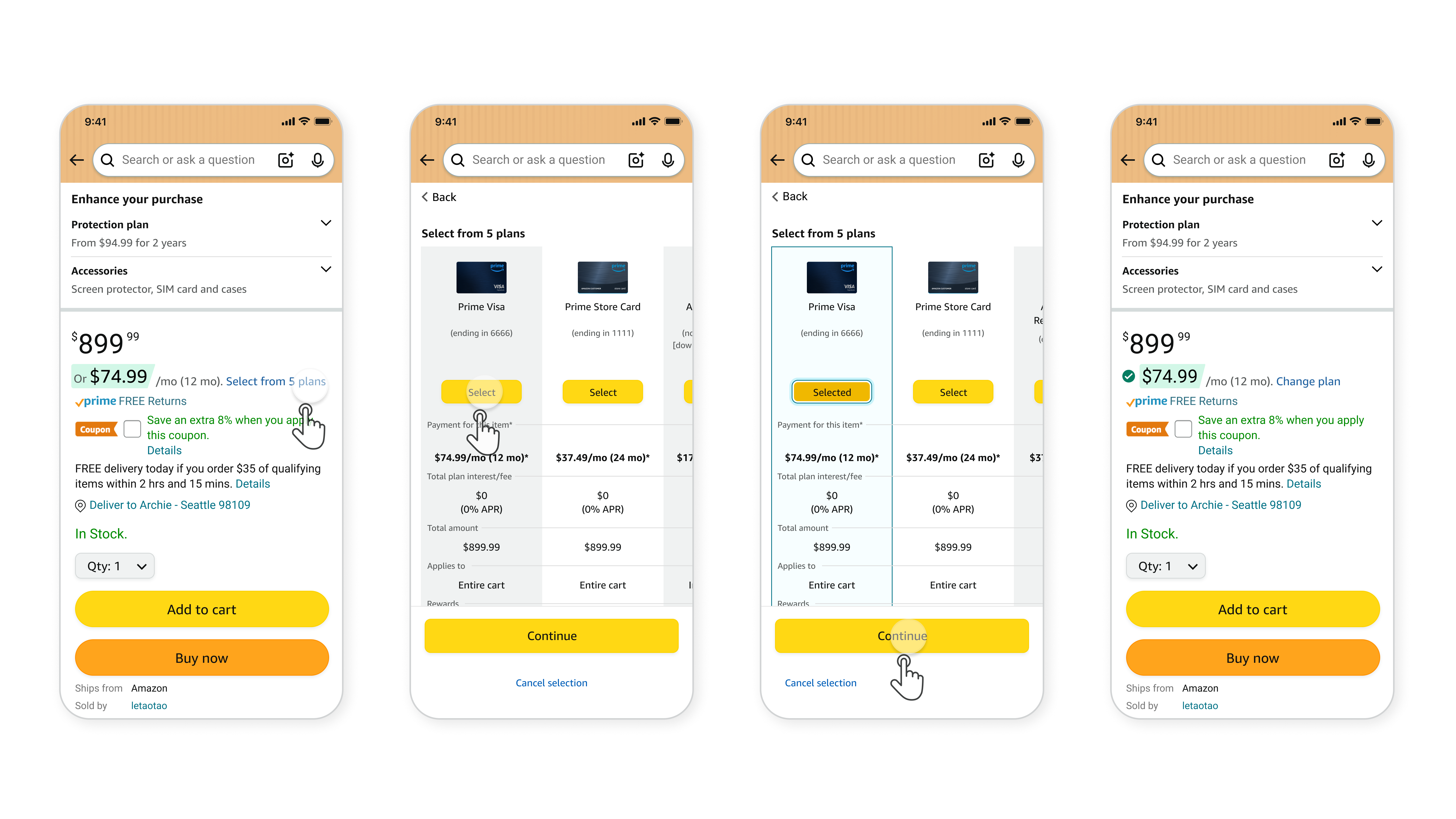 Amazon Installments purchase flow across four screens: product page, plan selection, plan confirmation, and updated product page