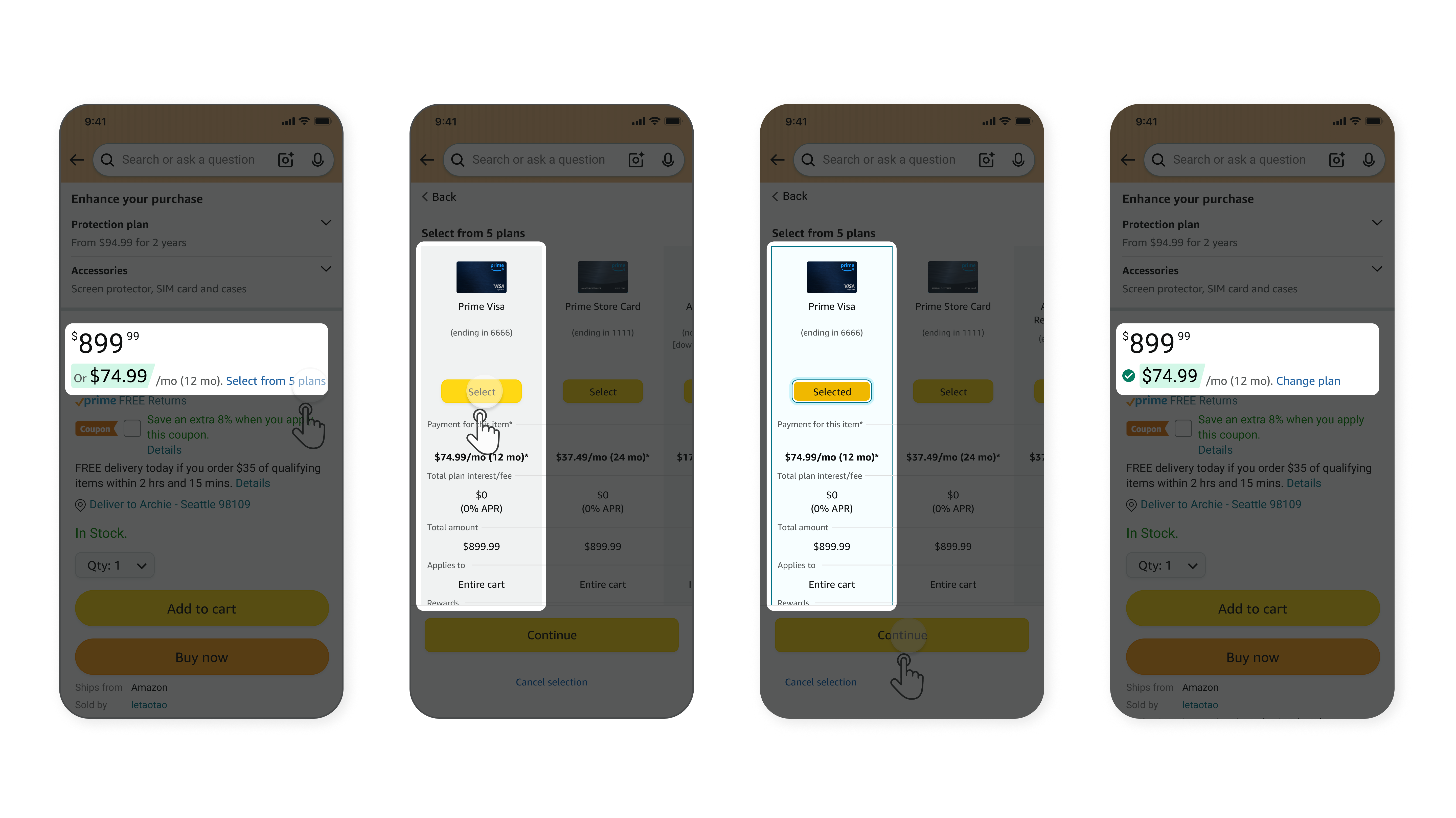 Same purchase flow with the value proposition overlaid: 0% interest and a frictionless flow turn consideration into conversion