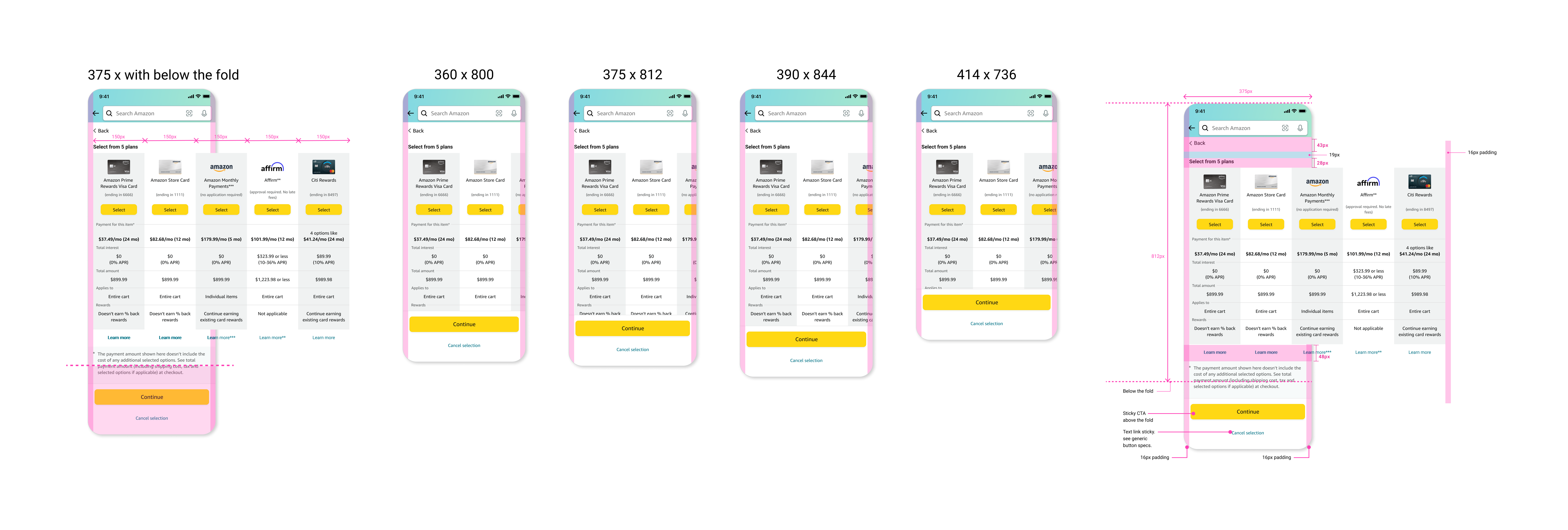 Exploration of how the installment offer reflows across different phone screen sizes