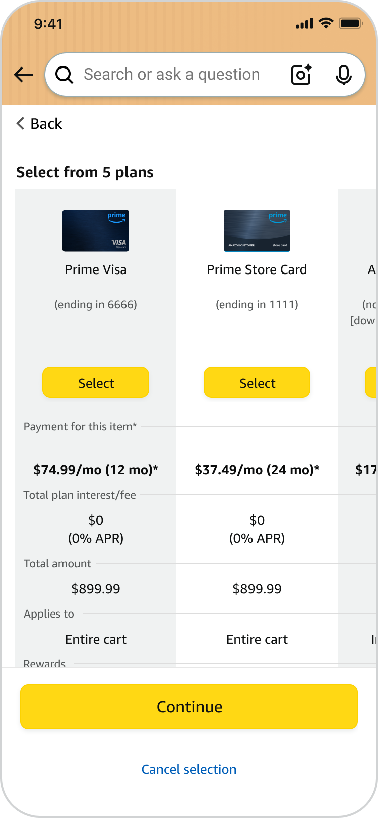 Cart with the current Compare Plans 2.0 component, no plan selected yet