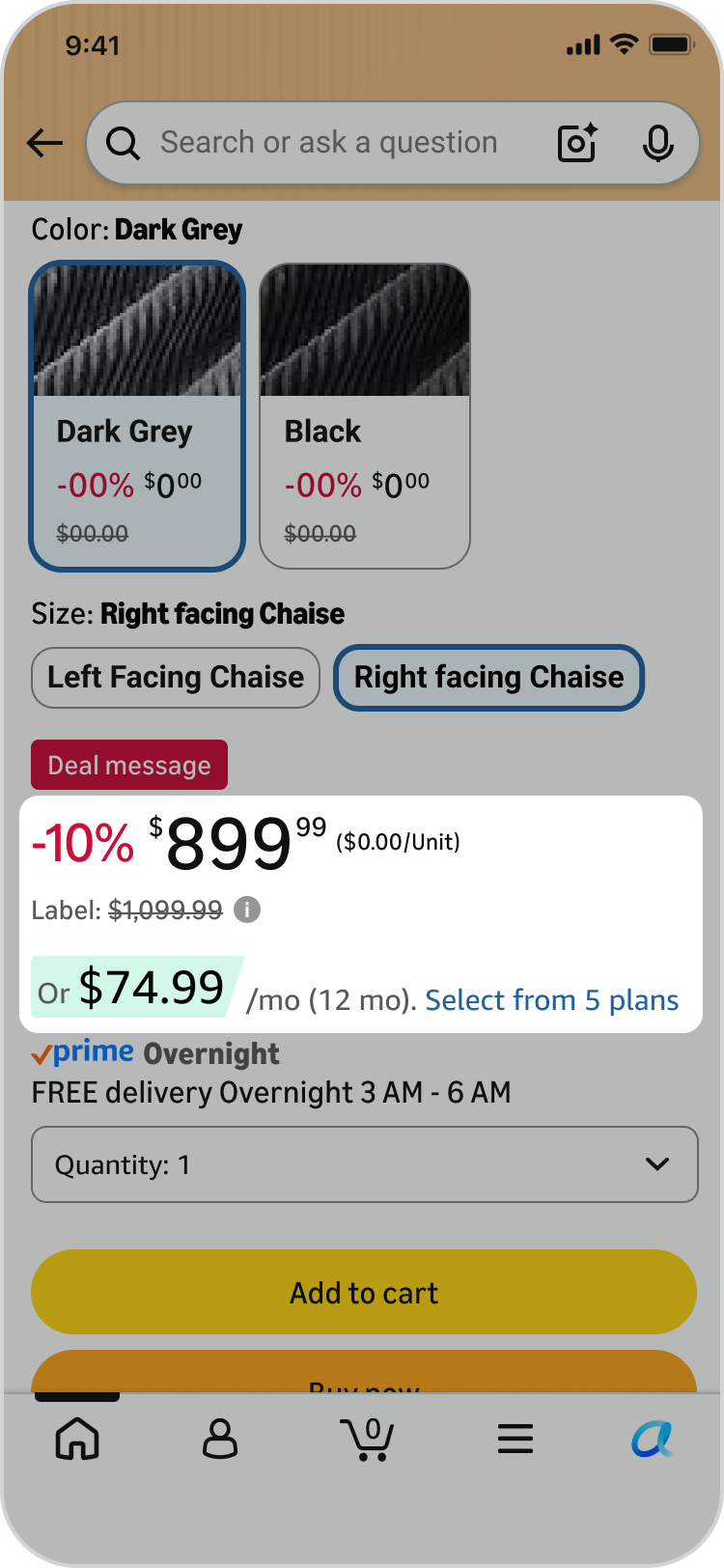 Current Detail page price toggle showing a discounted price with a single installment plan link below it