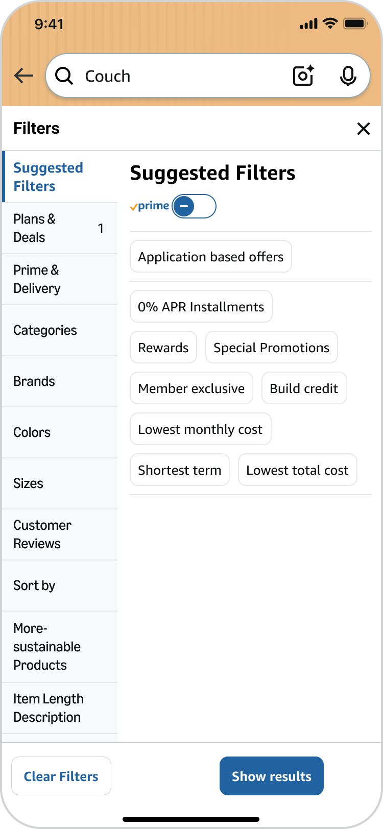 Search results with a 0% APR installments filter chip applied alongside color and brand filters