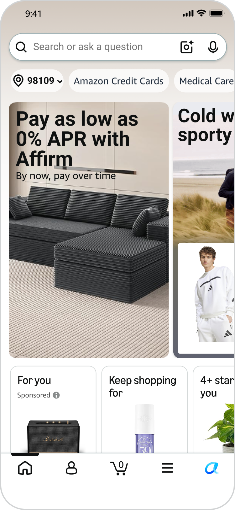Amazon homepage with an installment messaging card advertising 0% APR with Affirm above the feed