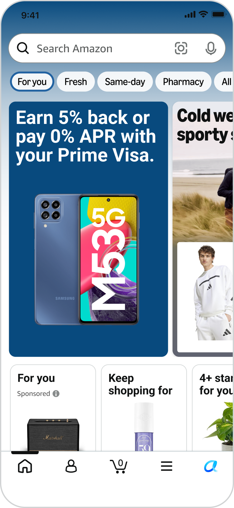 Amazon homepage variant with an installment messaging card advertising 5% back or 0% APR with a Prime Visa