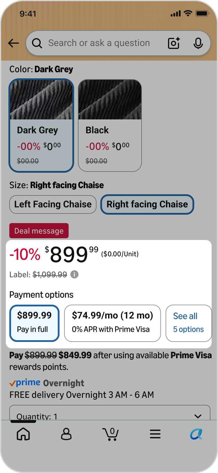 Proposed Detail page price toggle surfacing installment payment options and available plans directly next to the price
