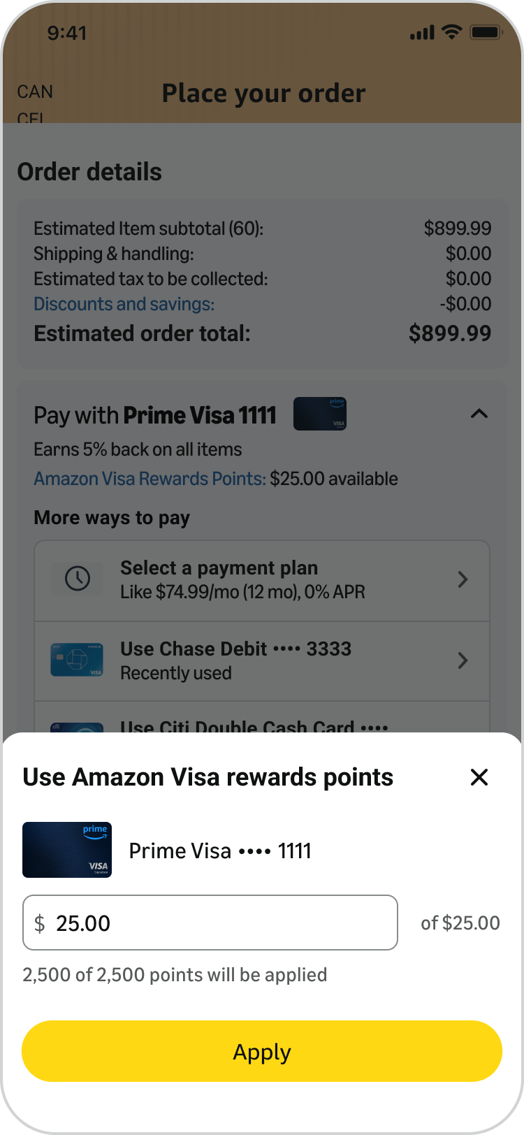 Checkout screen highlighting rewards earned alongside the installment payment plan