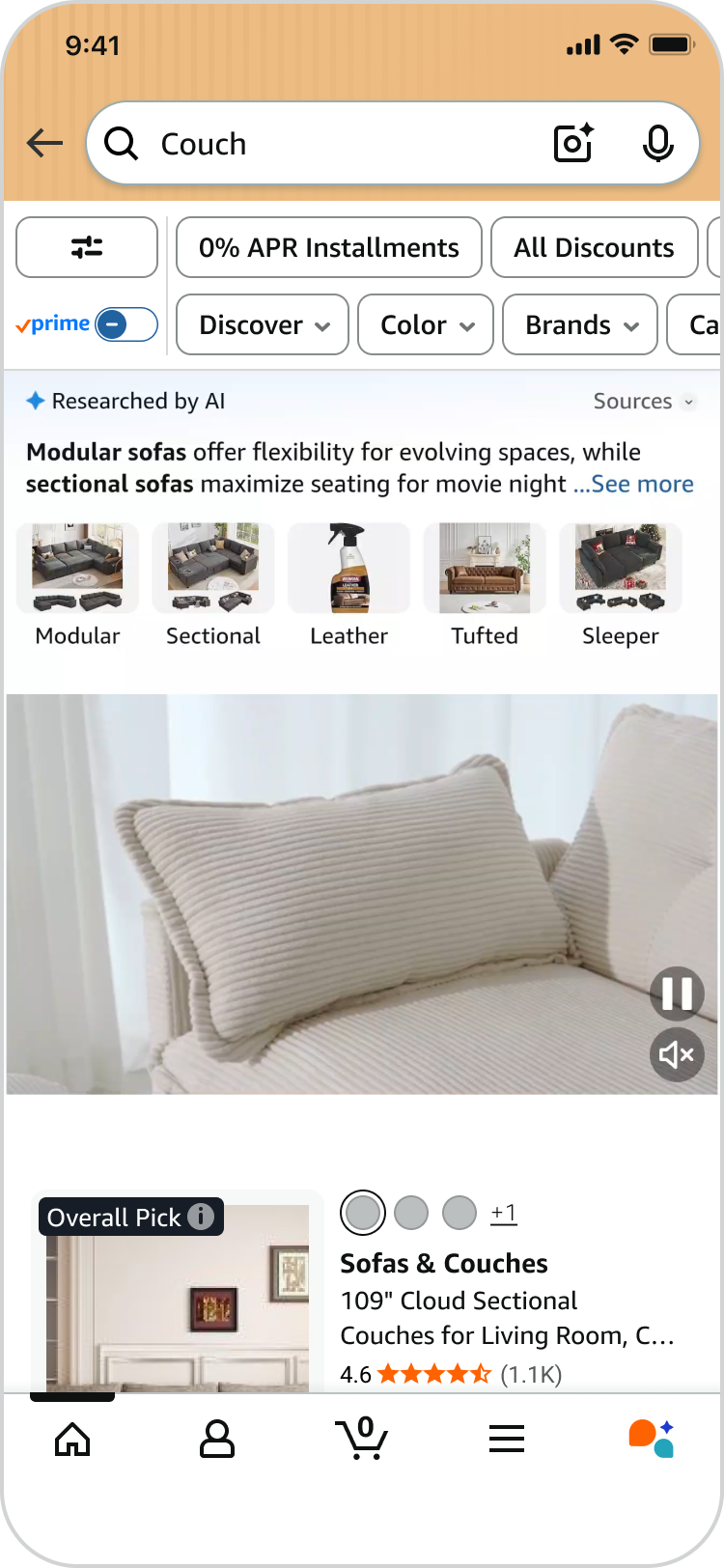 Search results for couch with no filters applied, showing an AI-researched module comparing sofa styles