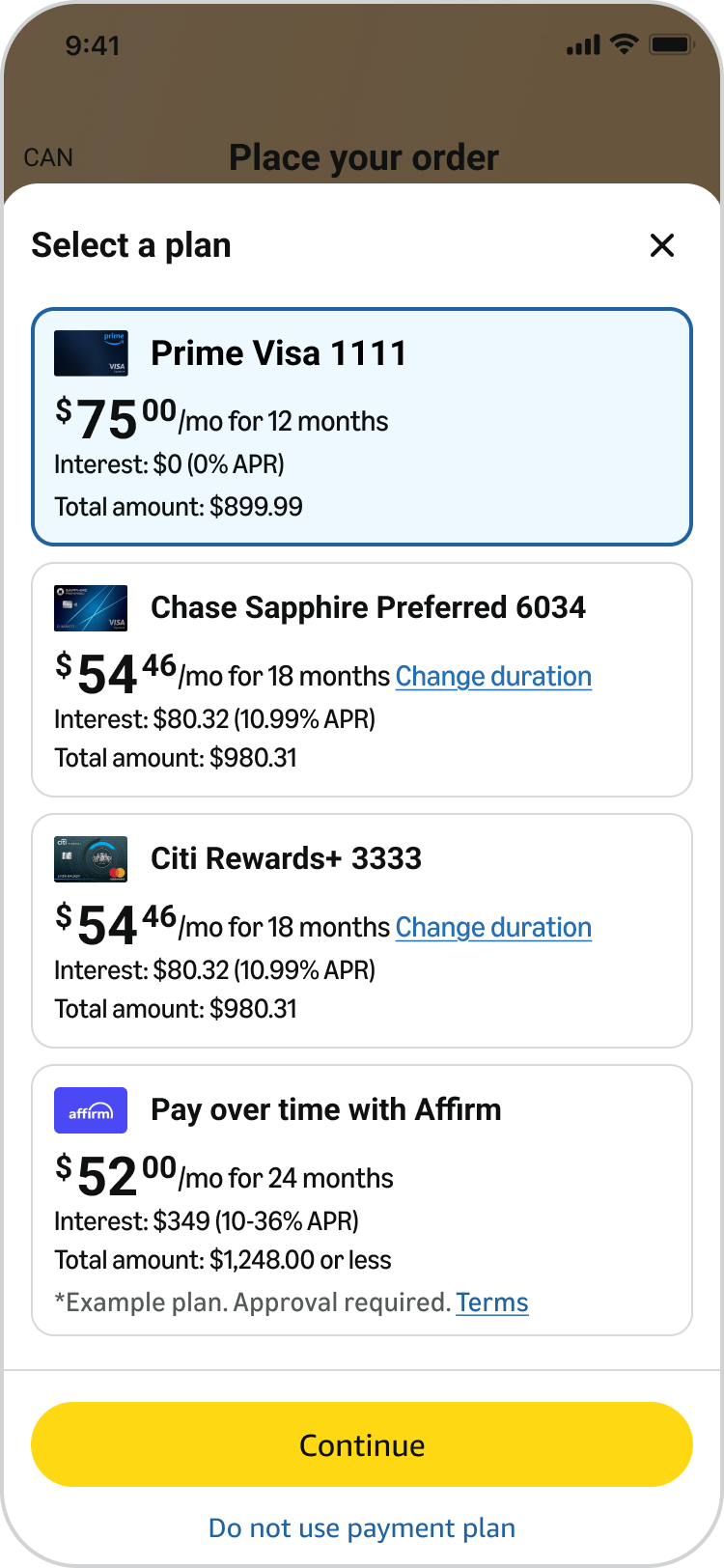 Cart with the proposed Compare Plans 3.0 component, showing an updated plan-selection layout