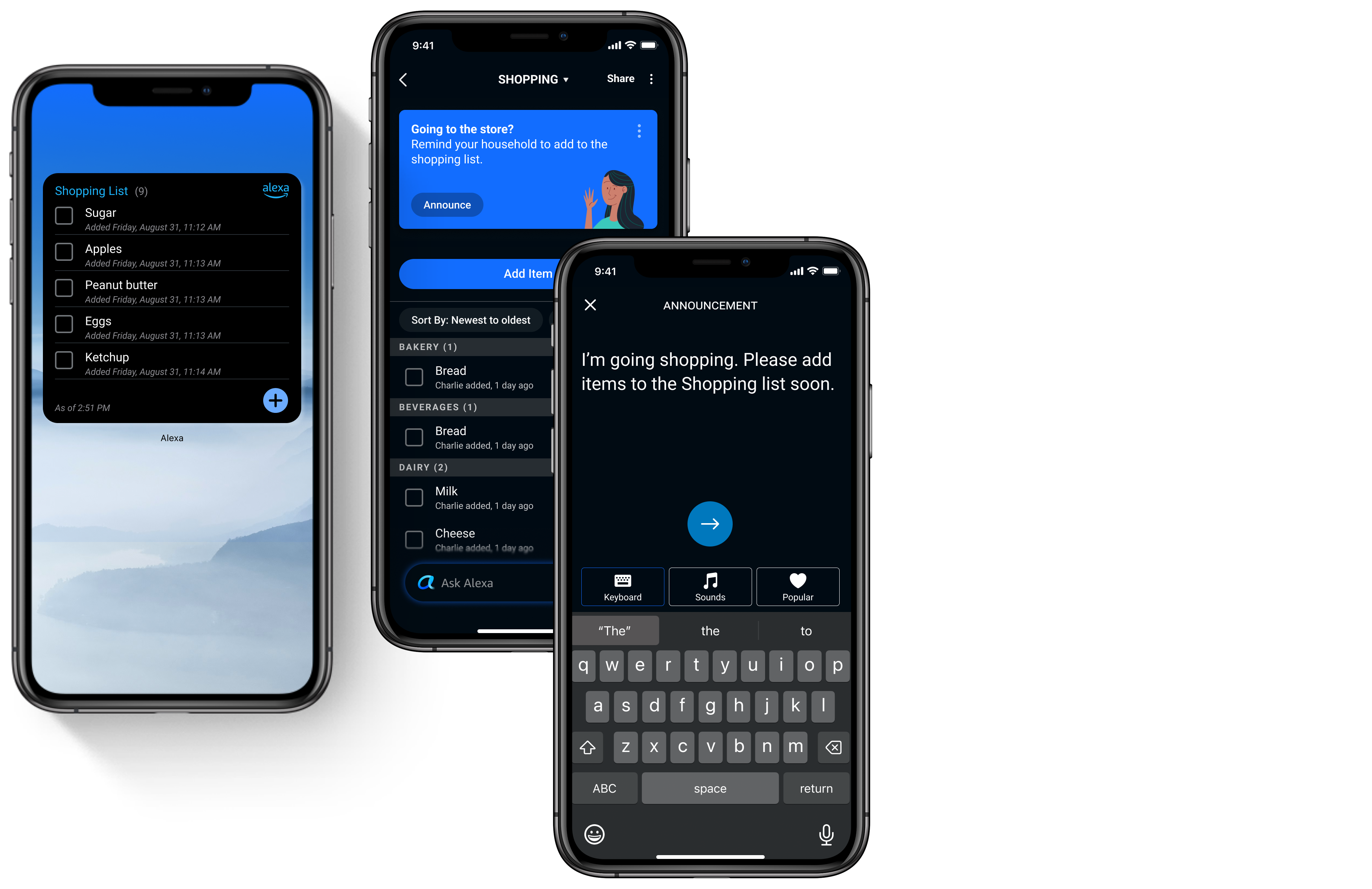 I'm Going Shopping flow across three screens: the household shopping list, the announcement prompt with an Announce button, and the sent voice announcement